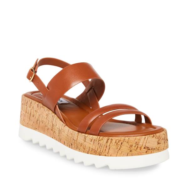 Steve Madden Athena Cognac Leather Women's Sandals Brown | SM-951UE