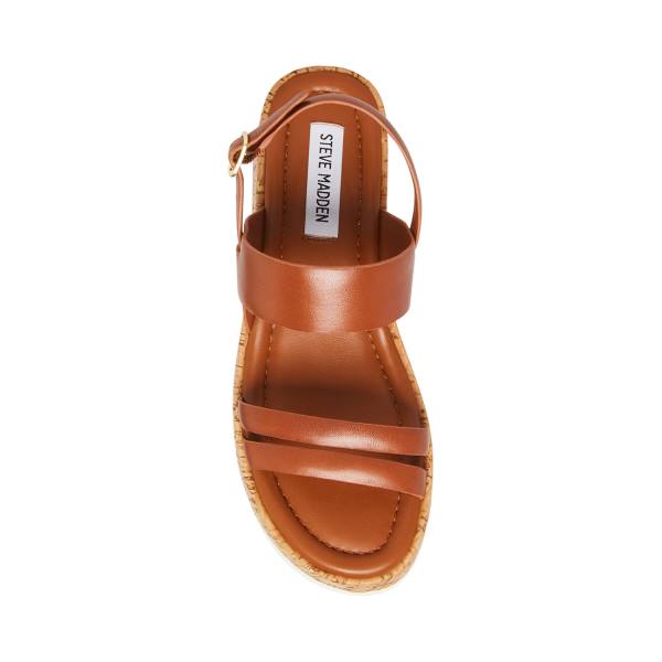 Steve Madden Athena Cognac Leather Women's Sandals Brown | SM-951UE