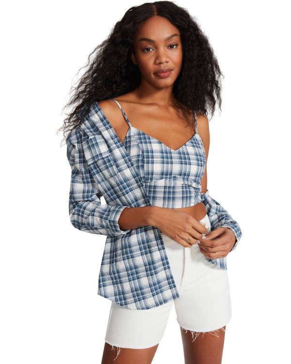 Steve Madden Checkered Button Up Women's Tops Blue | SM-631NC