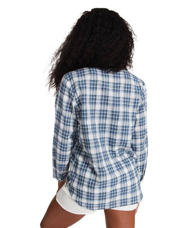 Steve Madden Checkered Button Up Women's Tops Blue | SM-631NC