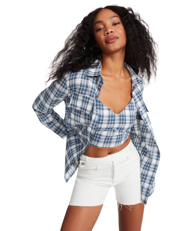 Steve Madden Checkered Button Up Women\'s Tops Blue | SM-631NC