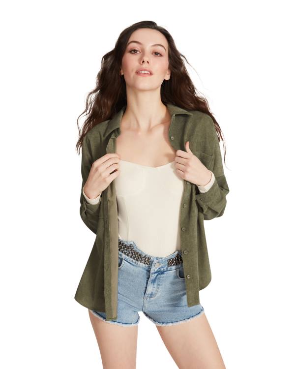 Steve Madden Courdoroy Button Up Shirt Women's Tops Olive | SM-178SI