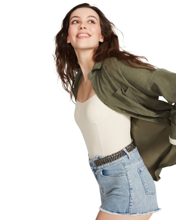 Steve Madden Courdoroy Button Up Shirt Women's Tops Olive | SM-178SI