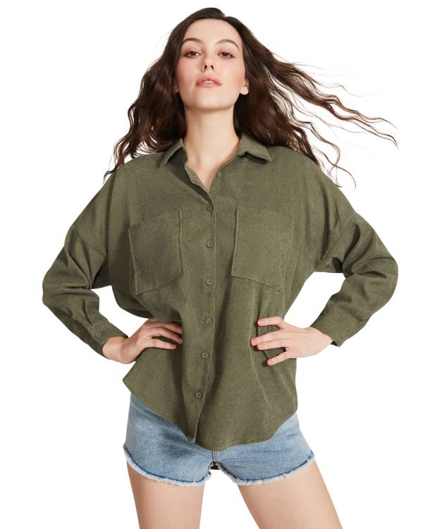 Steve Madden Courdoroy Button Up Shirt Women\'s Tops Olive | SM-178SI