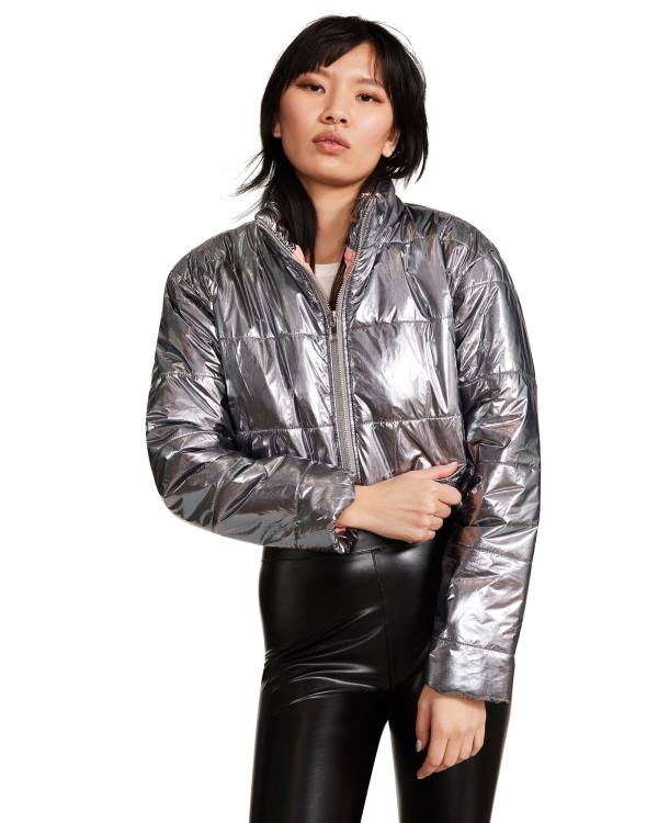 Steve Madden Cropped Metallic Puffer Gunmetal Women's Jackets Bronze | SM-132VP