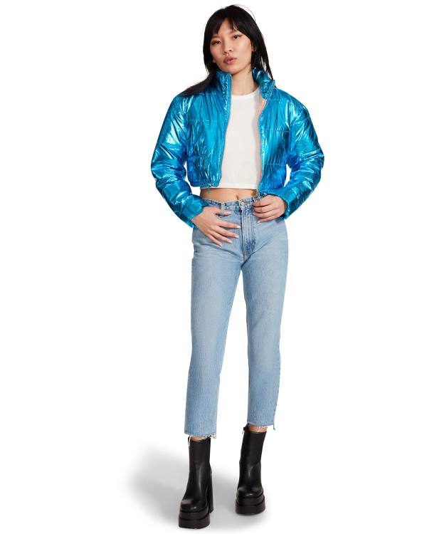 Steve Madden Cropped Metallic Puffer Women's Jackets Blue | SM-189NL