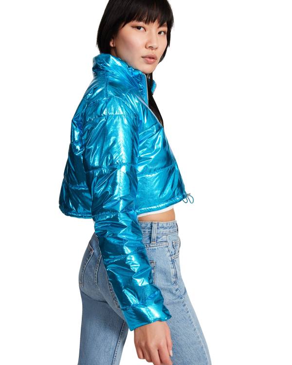 Steve Madden Cropped Metallic Puffer Women's Jackets Blue | SM-189NL