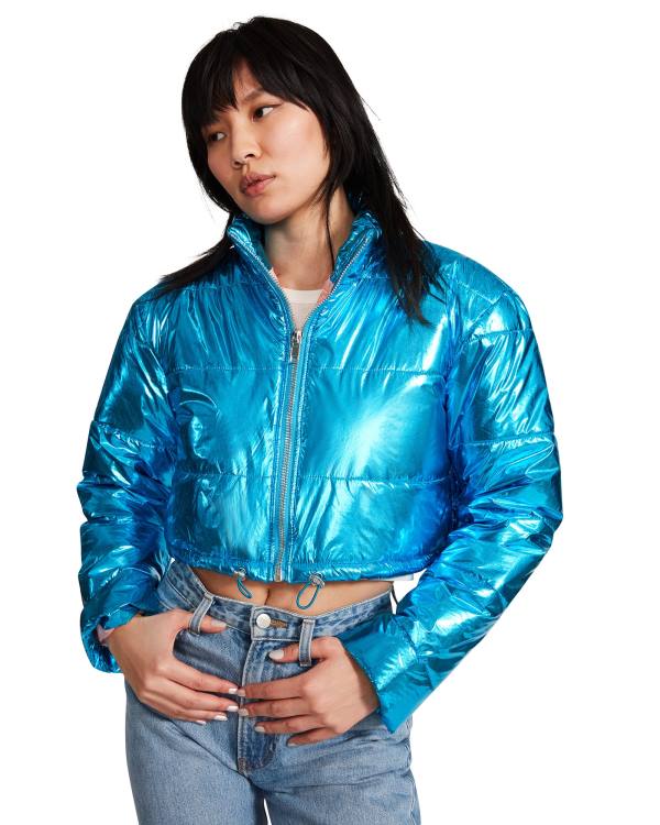 Steve Madden Cropped Metallic Puffer Women's Jackets Blue | SM-189NL