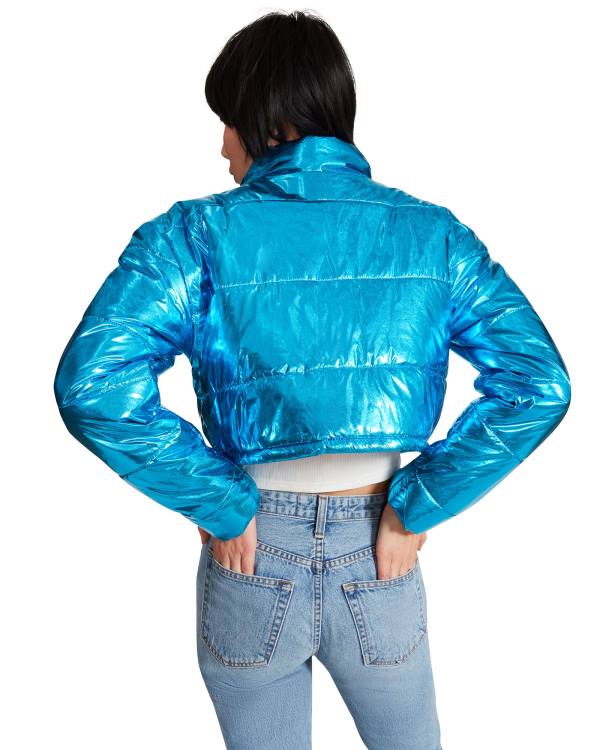 Steve Madden Cropped Metallic Puffer Women's Jackets Blue | SM-189NL