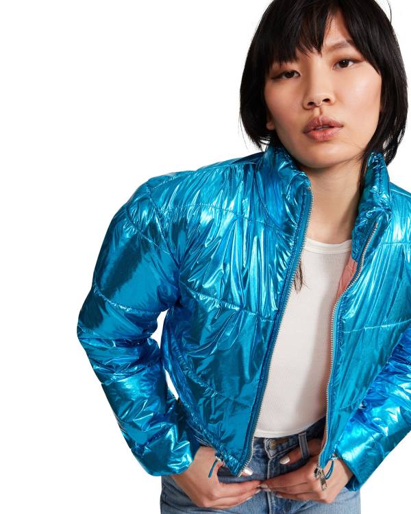 Steve Madden Cropped Metallic Puffer Women\'s Jackets Blue | SM-189NL