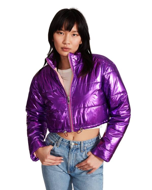 Steve Madden Cropped Metallic Puffer Women's Jackets Purple | SM-209PZ