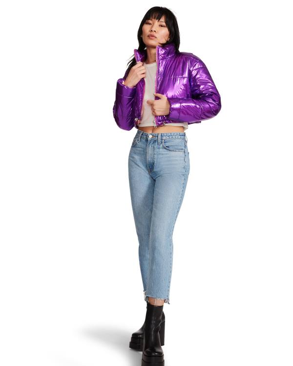 Steve Madden Cropped Metallic Puffer Women's Jackets Purple | SM-209PZ