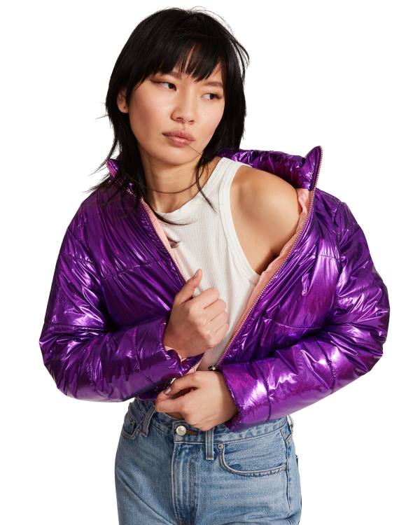 Steve Madden Cropped Metallic Puffer Women\'s Jackets Purple | SM-209PZ