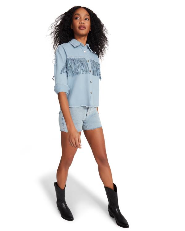 Steve Madden Denim Fringe Button Up Women's Tops Blue | SM-504QK