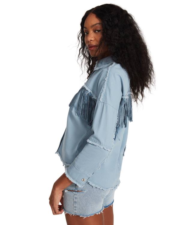 Steve Madden Denim Fringe Button Up Women's Tops Blue | SM-504QK