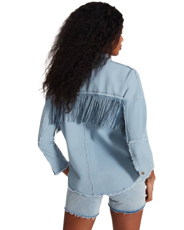 Steve Madden Denim Fringe Button Up Women's Tops Blue | SM-504QK