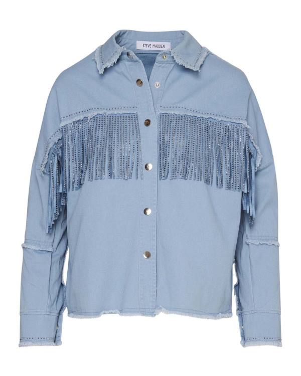 Steve Madden Denim Fringe Button Up Women's Tops Blue | SM-504QK