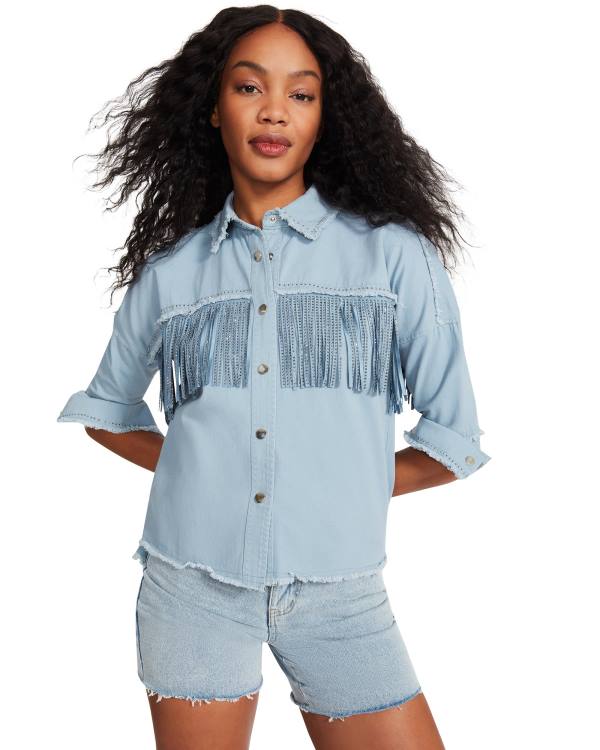 Steve Madden Denim Fringe Button Up Women\'s Tops Blue | SM-504QK