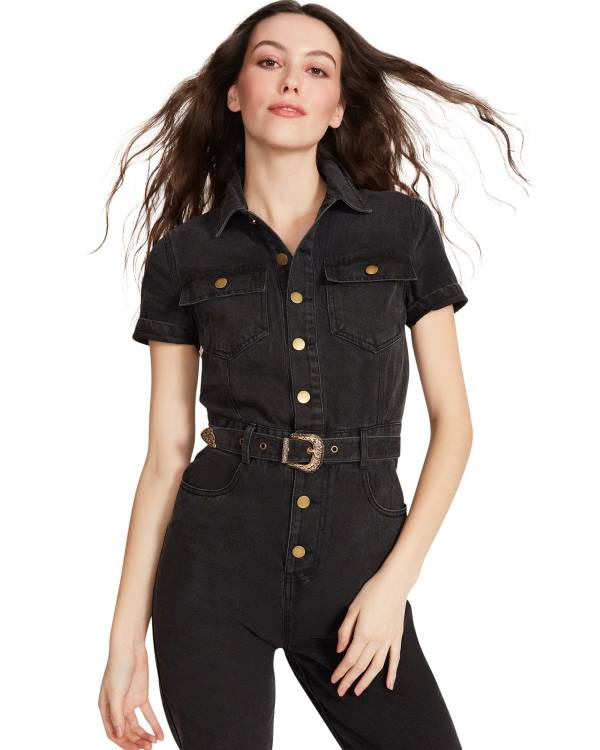 Steve Madden Denim Short Sleeve Jumpsuit Women's Skirts Black | SM-397XY