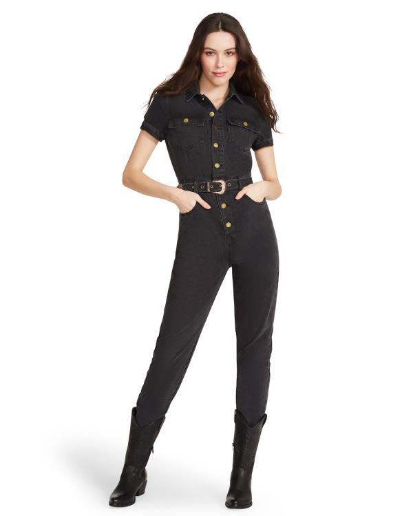 Steve Madden Denim Short Sleeve Jumpsuit Women's Skirts Black | SM-397XY