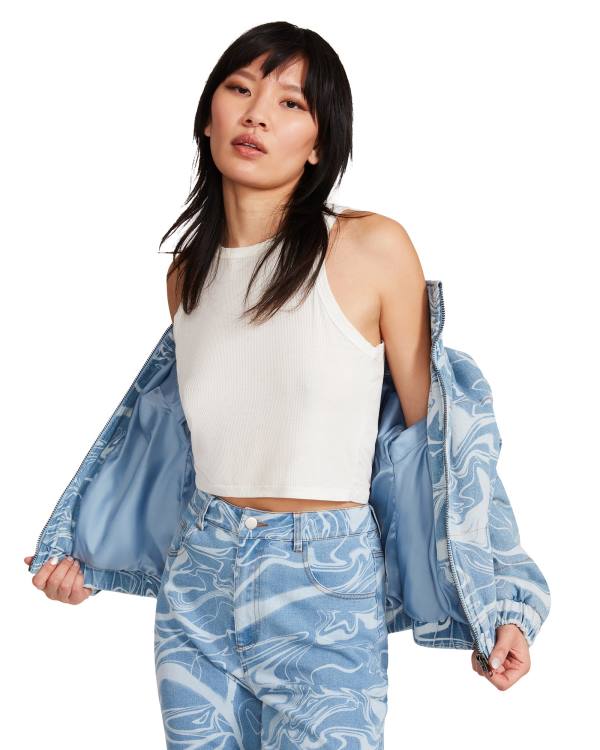 Steve Madden Denim Swirl Puffer Women's Jackets Blue | SM-705AZ