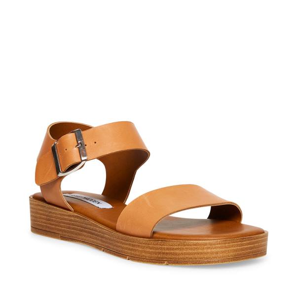 Steve Madden Destined Tan Leather Women's Sandals Brown | SM-415GL