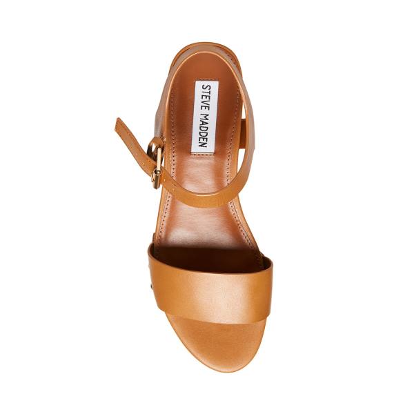 Steve Madden Domenica Cognac Leather Women's Sandals Brown | SM-290KT