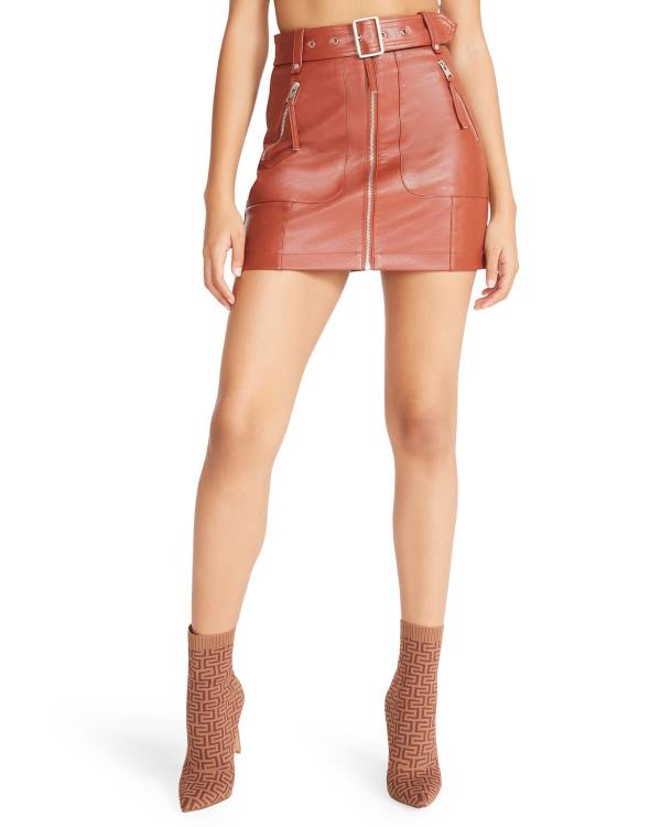 Steve Madden Faux Leather Moto Women's Skirts Brown | SM-971CZ