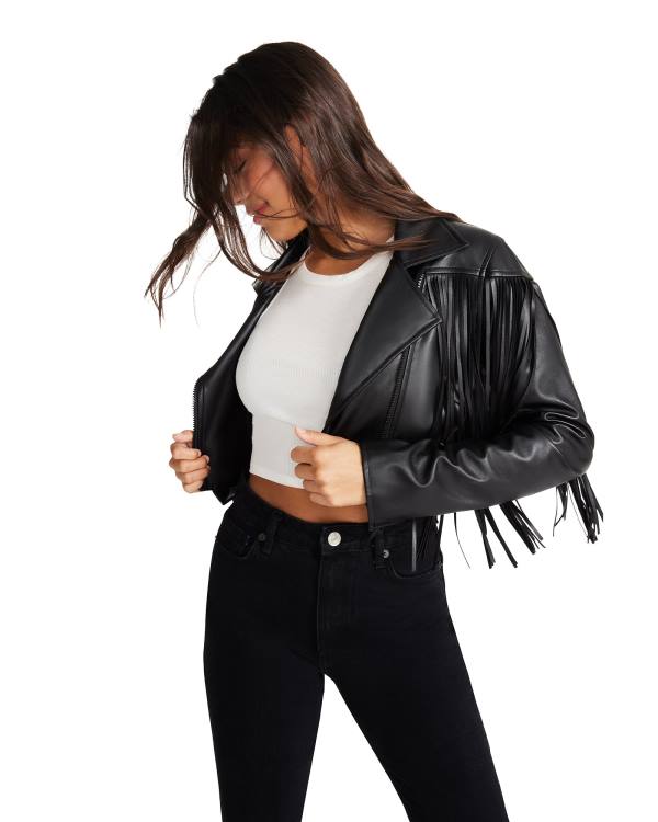 Steve Madden Fringe Faux Leather Women's Jackets Black | SM-104RS