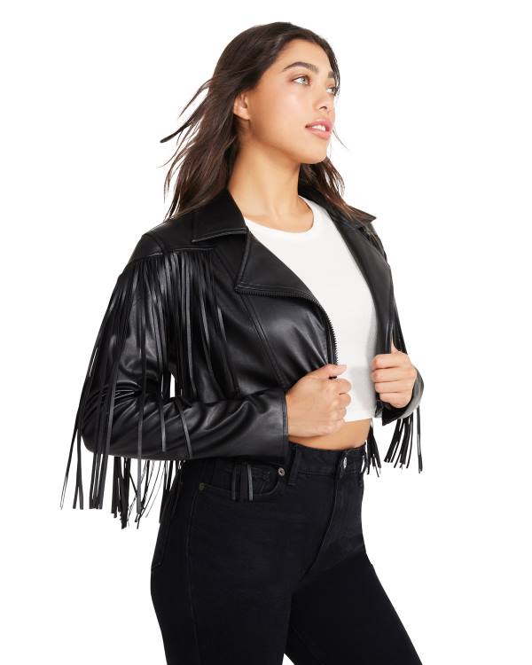 Steve Madden Fringe Faux Leather Women\'s Jackets Black | SM-104RS