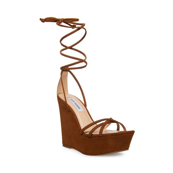 Steve Madden Linda Cognac Nubuck Women's Sandals Brown | SM-647EZ