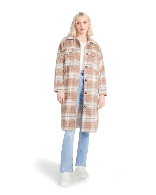 Steve Madden Long Plaid Taupe Women's Coats Grey Brown | SM-457PG