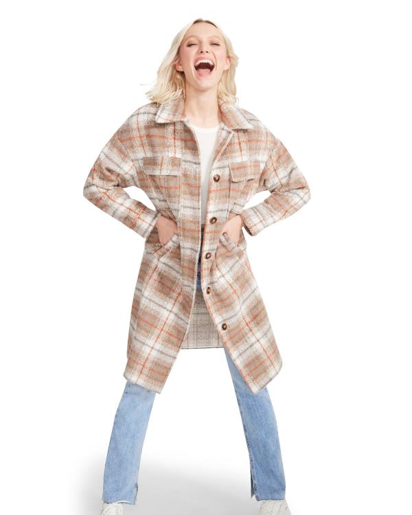 Steve Madden Long Plaid Taupe Women's Coats Grey Brown | SM-457PG