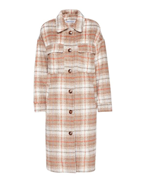 Steve Madden Long Plaid Taupe Women's Coats Grey Brown | SM-457PG