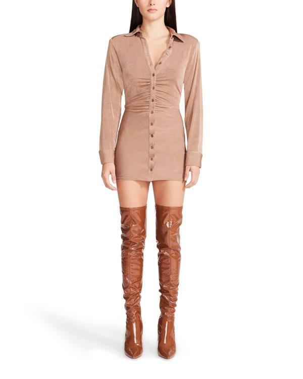 Steve Madden Long Sleeve Button Up Camel Fabric Women's Dress Brown | SM-390SR