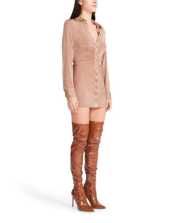 Steve Madden Long Sleeve Button Up Camel Fabric Women's Dress Brown | SM-390SR