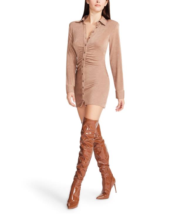 Steve Madden Long Sleeve Button Up Camel Fabric Women\'s Dress Brown | SM-390SR