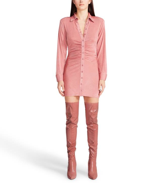 Steve Madden Long Sleeve Button Up Women's Dress Rose | SM-258MQ