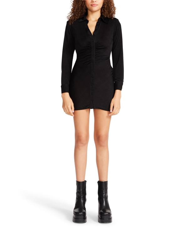 Steve Madden Long Sleeve Button Up Women's Dress Black | SM-351HW