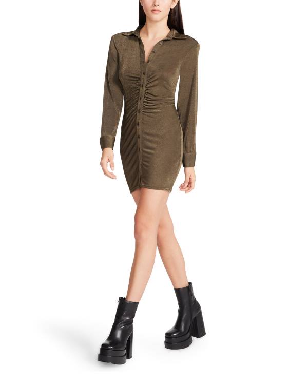 Steve Madden Long Sleeve Button Up Women's Dress Olive | SM-678TQ