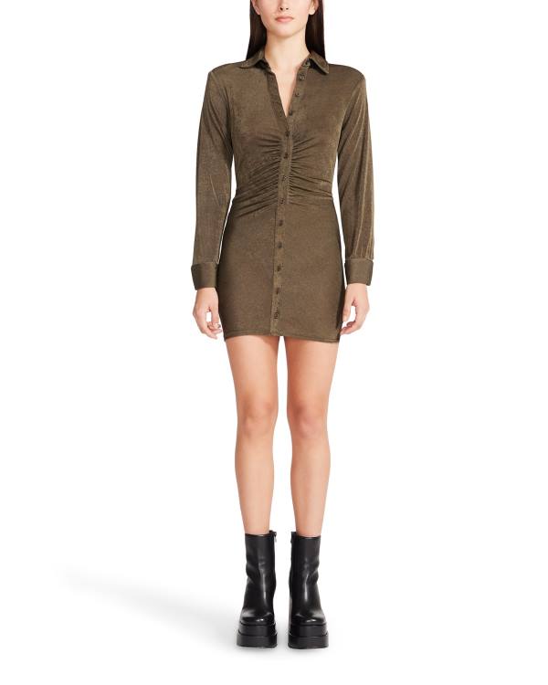 Steve Madden Long Sleeve Button Up Women's Dress Olive | SM-678TQ