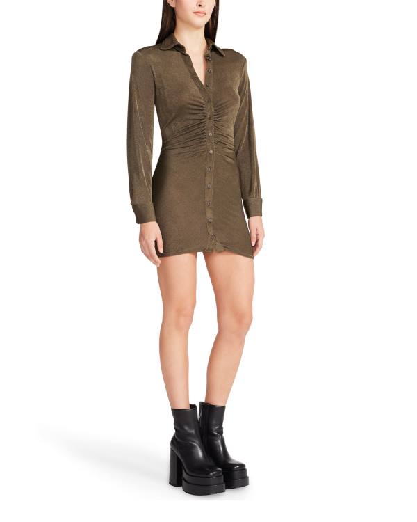 Steve Madden Long Sleeve Button Up Women's Dress Olive | SM-678TQ