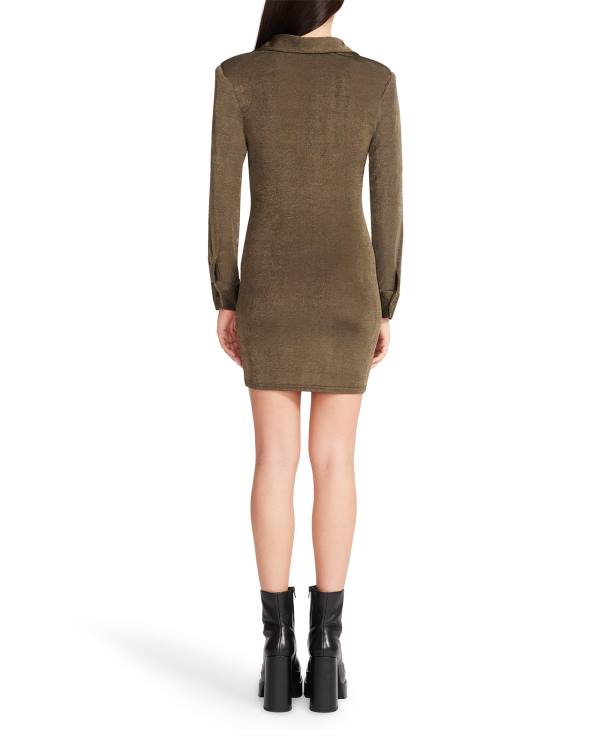 Steve Madden Long Sleeve Button Up Women's Dress Olive | SM-678TQ