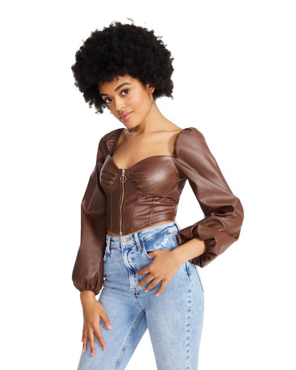 Steve Madden Long Sleeve Faux Leather Corset Women's Tops Brown | SM-459WC