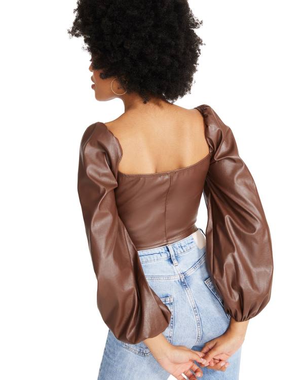 Steve Madden Long Sleeve Faux Leather Corset Women's Tops Brown | SM-459WC