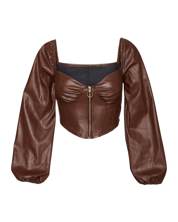 Steve Madden Long Sleeve Faux Leather Corset Women's Tops Brown | SM-459WC