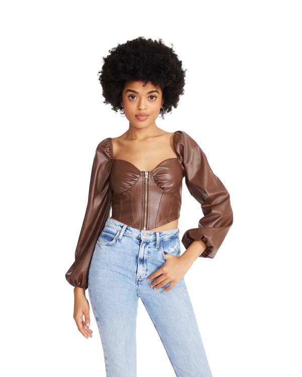 Steve Madden Long Sleeve Faux Leather Corset Women\'s Tops Brown | SM-459WC