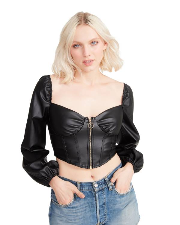 Steve Madden Long Sleeve Faux Leather Corset Women\'s Tops Black | SM-697CA