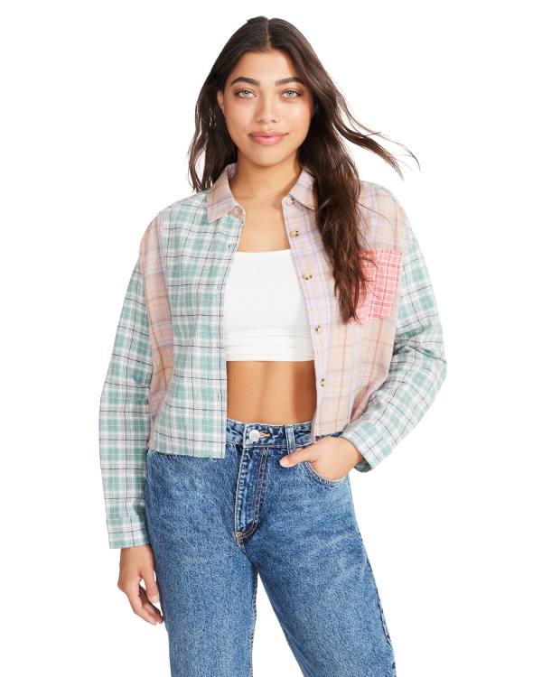 Steve Madden Mixed Plaid Button Down Women's Tops Pink Multicolor | SM-145VG