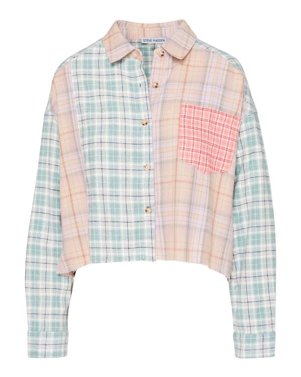 Steve Madden Mixed Plaid Button Down Women's Tops Pink Multicolor | SM-145VG